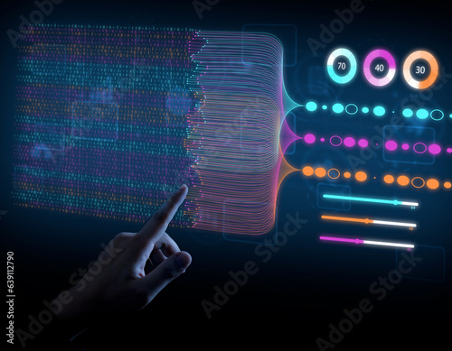 Business Analytics Finance Neural Network AI Big Data Technology Data scientists query, analyze, and visualize complex datasets on a virtual screen. information flow concept processing of bigdata