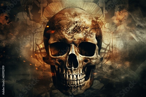 Wallpaper with a smoky apocalyptic artwork showcasing a skull. Generative AI