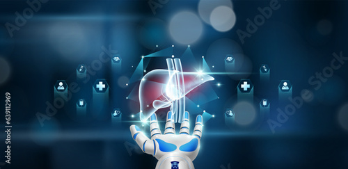 Human liver organ inside cube float in doctor robot hand on hospital background. Health care system innovative technology medical futuristic AI artificial intelligence cybernetic robotics. Vector.