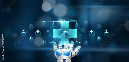 Medical sign symbol blue cross inside cube float in doctor robot hand. Health care system innovative technology medical futuristic AI artificial intelligence cybernetic robotics. Vector.