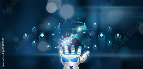 Nerve cells inside cube float in doctor robot hand. Health care system innovative technology medical futuristic AI artificial intelligence cybernetic robotics. Bokeh light background. Vector.