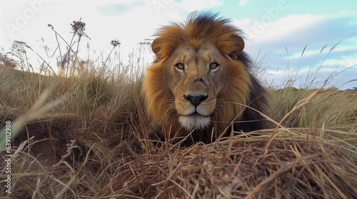 Low angle close up view of African male lion in safari savanna jungle hiding on ground hunting for prey. Africa wildlife endangered species mammal concept. Generative AI
