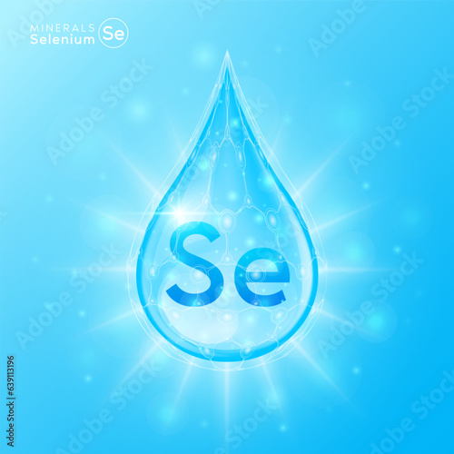Essential selenium minerals for health human body. Blue crystal mineral water drop natural shiny. For nutrition design ad dietary supplement pharmacy. Scientific medical concept. 3D Vector.