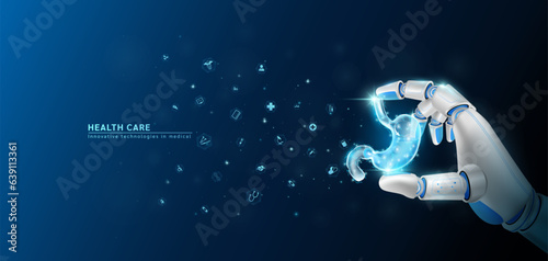Innovative technology in medical health care futuristic. Hand robot cyborg artificial intelligence AI holding stomach human organ with virtual interface medical icon network. 3D Vector EPS10.