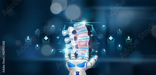 Human bone spine organ inside cube float in doctor robot hand. Health care system innovative technology medical futuristic AI artificial intelligence cybernetic robotics. Vector.
