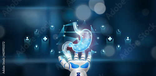 Human stomach organ inside cube float in doctor robot hand on hospital background. Health care system innovative technology medical futuristic AI artificial intelligence cybernetic robotics. Vector.