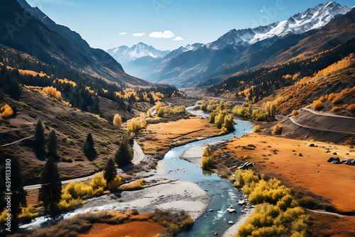 Top view of the beautiful autumn rocky landscape of the river, road and forest in autumn.