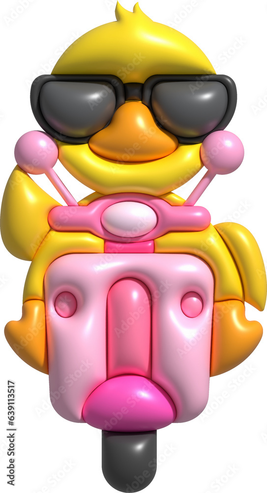 Fototapeta premium 3D illustration duck wearing dark glasses driving a motorcycle. minimal style.