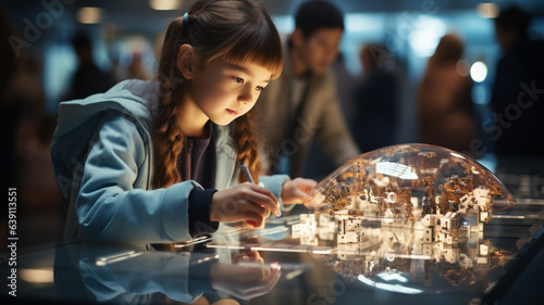 Children, student focusing in Science and Technology class with conceptual 3D model a combination of art technology and interactive simulations. Futuristic and innovative education background concept