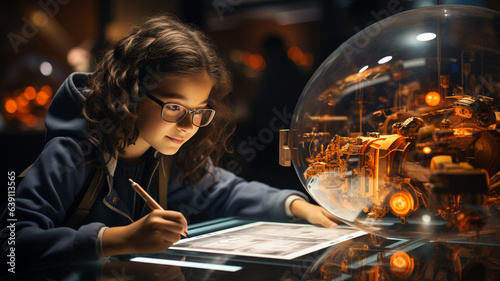 Children, student focusing in Science and Technology class with conceptual 3D model a combination of art technology and interactive simulations. Futuristic and innovative education background concept