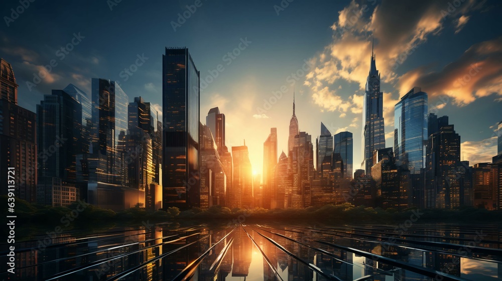 Fototapeta premium Big modern city metropolis with high houses made of concrete and glass skyscrapers.