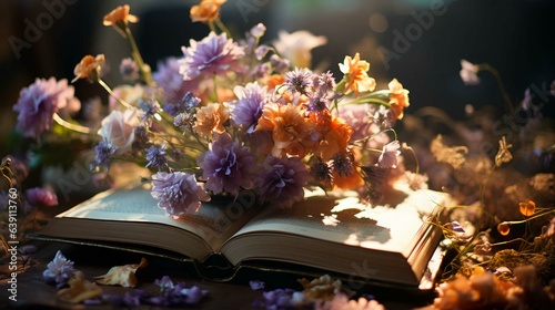 Natural beautiful flowers lie on the pages of an open book against the backdrop of nature. 