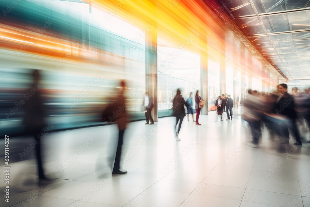 Blurred image of business people in the lobby of a modern office building