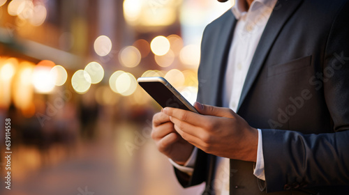 Blurred background featuring a close-up of a businessman using his smart mobile phone outdoors. He is networking and typing an SMS message on a city street, with a sense of motion blur present. GenAI