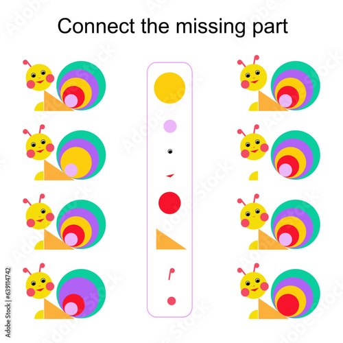 Connect the missing part. Vector illustration of cartoon snail.