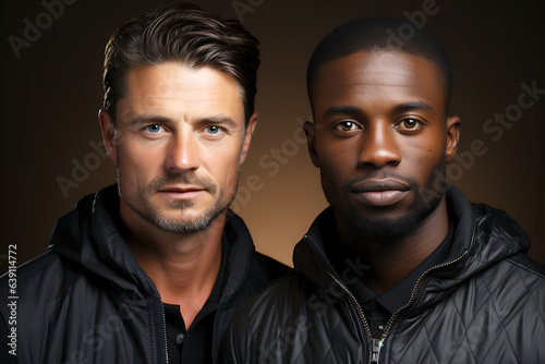 Two young men of Caucasian and African American appearance in sports jackets pose against a dark background. Young men look at the camera seriously