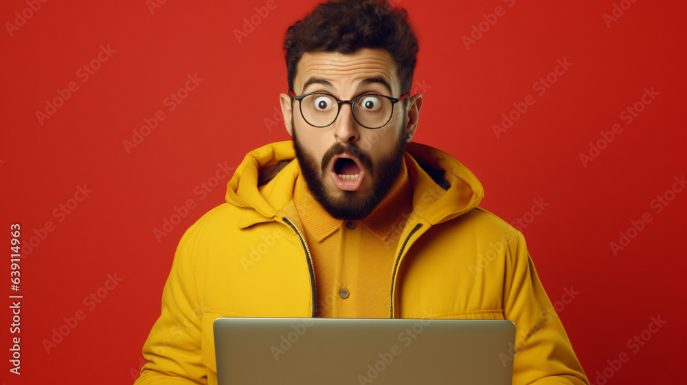 Surprised man in yellow attire holding a laptop, isolated against a red background. Conceptualizes sales, promotions, and modern marketing strategies. Black Friday and Cyber Monday promotion. GenAI