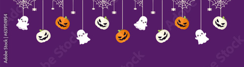 Happy Halloween border banner with ghost and jack o lantern pumpkins hanging from spider webs. Dangling Spooky Ornaments Decoration Vector illustration, trick or treat party invitation