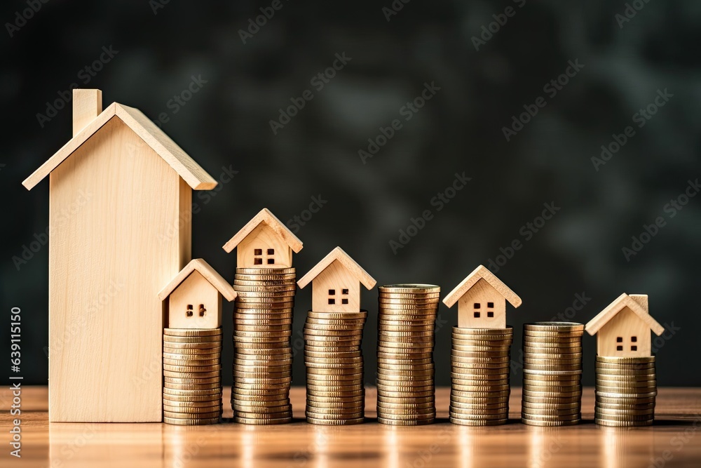House model and coin stack on wooden table. Property investment and saving concept House model and coin stack on wooden table. Property investment and saving concept