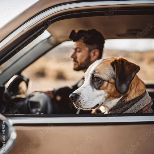 A man and his dog, travel companions in a Combi vehicle, pose in front of their beach adventure © cappellettipictures