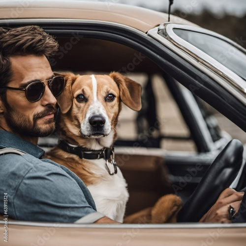 A dog and a man, travel companions in a car, gaze attentively through the window, sharing a road trip adventure