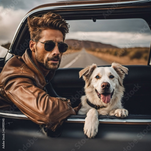 A dog and a man, travel companions in a car, gaze attentively through the window, sharing a road trip adventure © cappellettipictures