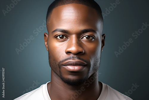 A young African American man in a white t-shirt poses against a dark background. man looking at camera
