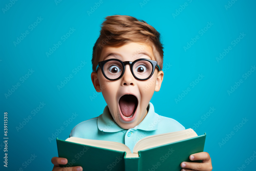 Surprised young boy in glasses and with a backpack engrossed in reading a book against a blue background. Modern back-to-school concept. Generative AI Surprised young boy in glasses and with a backpack engrossed in reading a book against a blue background. Modern back-to-school concept. Generative AI
