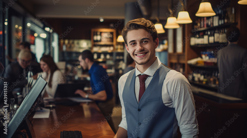 Salesman: smiling, young and attractive, cashier serving customers.

Generative AI - obrazy, fototapety, plakaty 