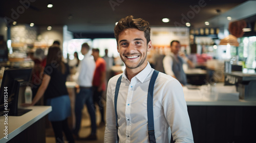 Salesman: smiling, young and attractive, cashier serving customers.Generative AI
