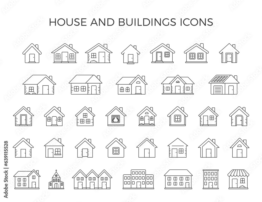 Houses and buildings - 35 line icons, vector eps10 illustration