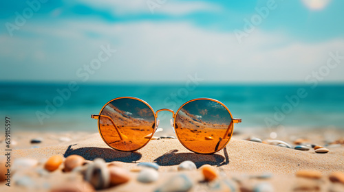 Serenity Shades: Sun-Kissed Beach Vibes Captured Through the Lens of Modern Sunglasses. Travel Concept Generative AI