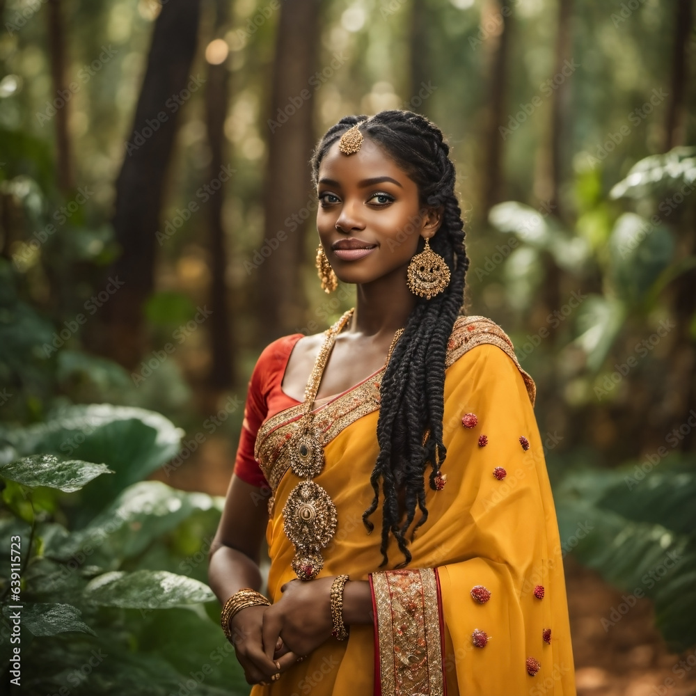 beautiful Indian woman, adorned in traditional attire, exudes natural beauty, cultural elegance, and ethnic charm in the woods