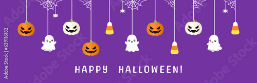Happy Halloween border banner with ghost, candy corn and jack o lantern pumpkins. Hanging Spooky Ornaments Decoration Vector illustration, trick or treat party invitation
