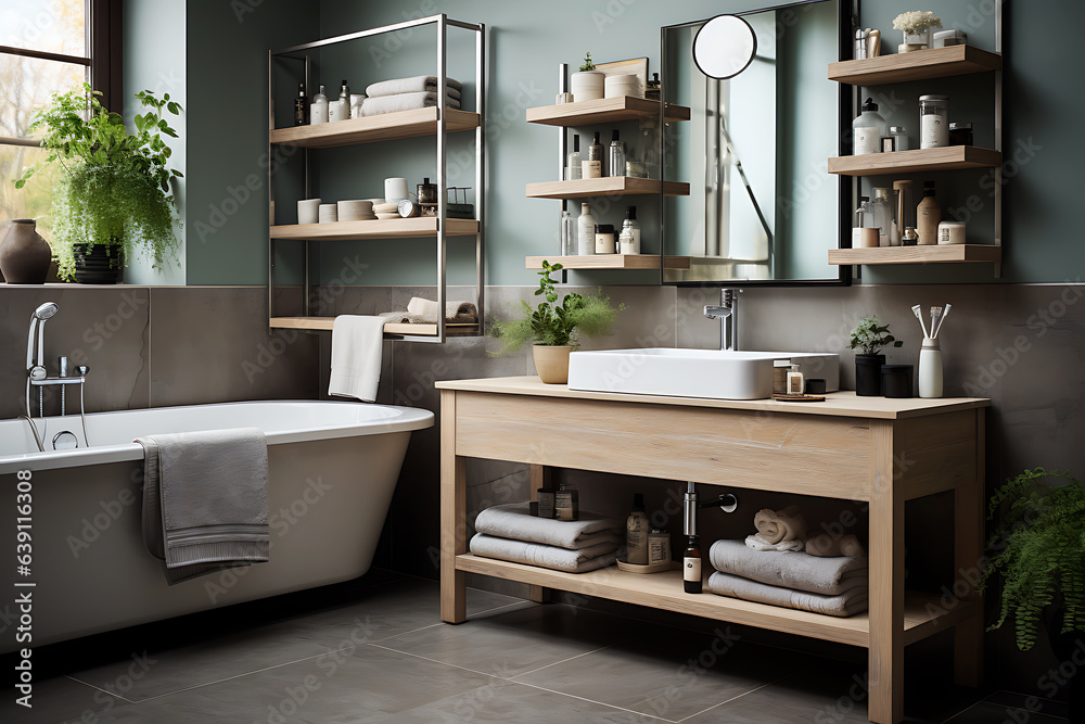 The design of the bathroom is made in the Scandinavian style. There are many shelves with jars of cosmetics in the room.