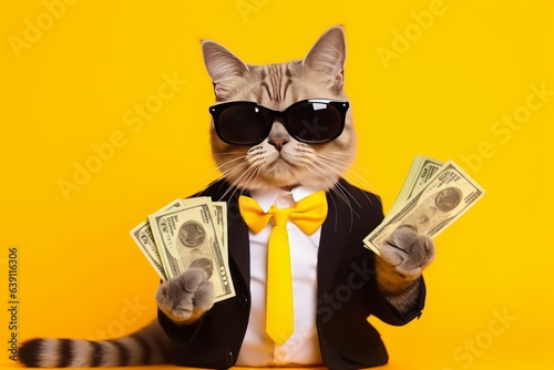 Cool rich successful hipster cat with sunglasses and cash money. Yellow background