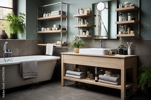 The design of the bathroom is made in the Scandinavian style. There are many shelves with jars of cosmetics in the room.