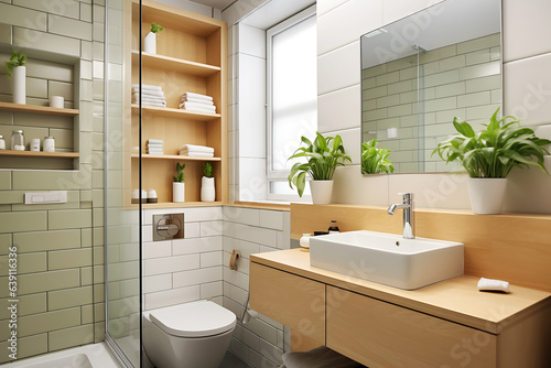Minimalist bathroom design. The bathroom is lined with white tiles. The room has a wooden cabinet  a mirror and a shower