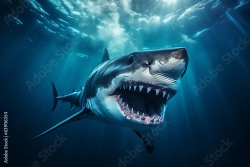 Great agressive shark in the ocean or sea water