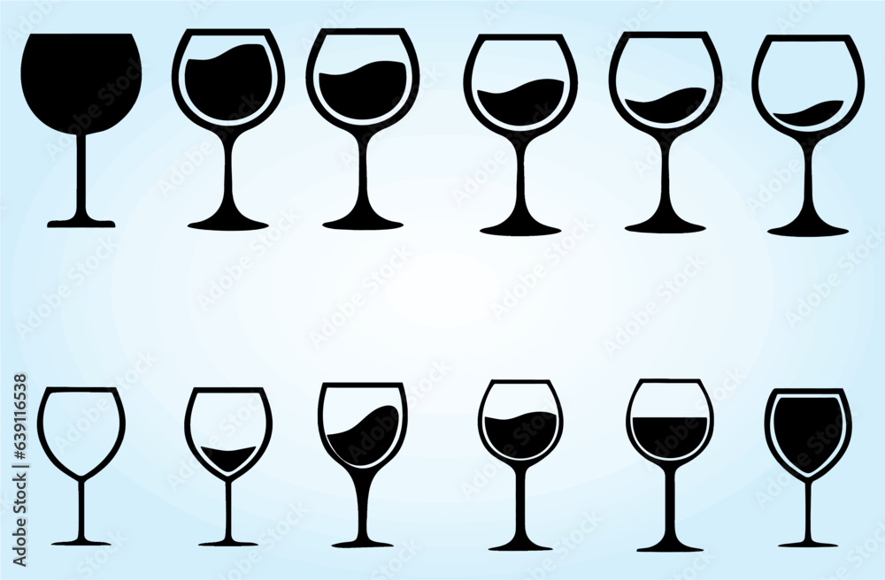 Different beverage quantity in glasses. Different shapes of wine