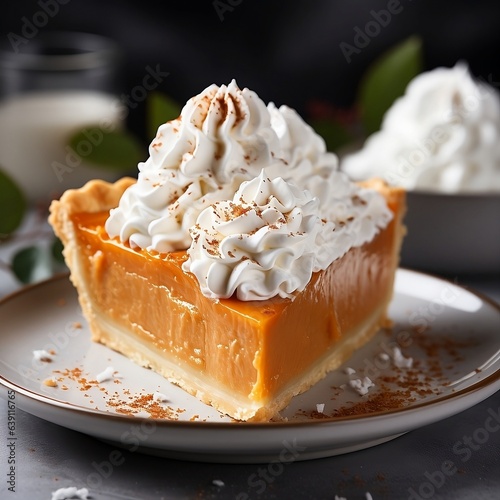 Piece of pumpkin pie with whipped cream on a white plate photo