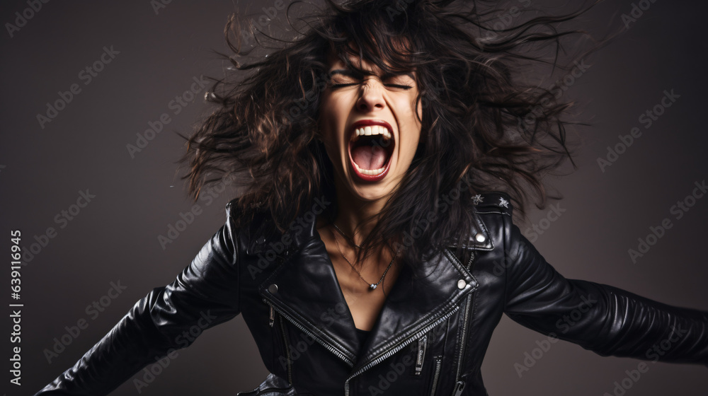 Portrait of a stunning rocker woman wearing a black leather jacket ...
