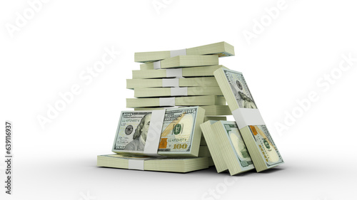 3d rendering of Stacks of 100 US dollar notes. bundles of United states currency notes isolated on transparent background