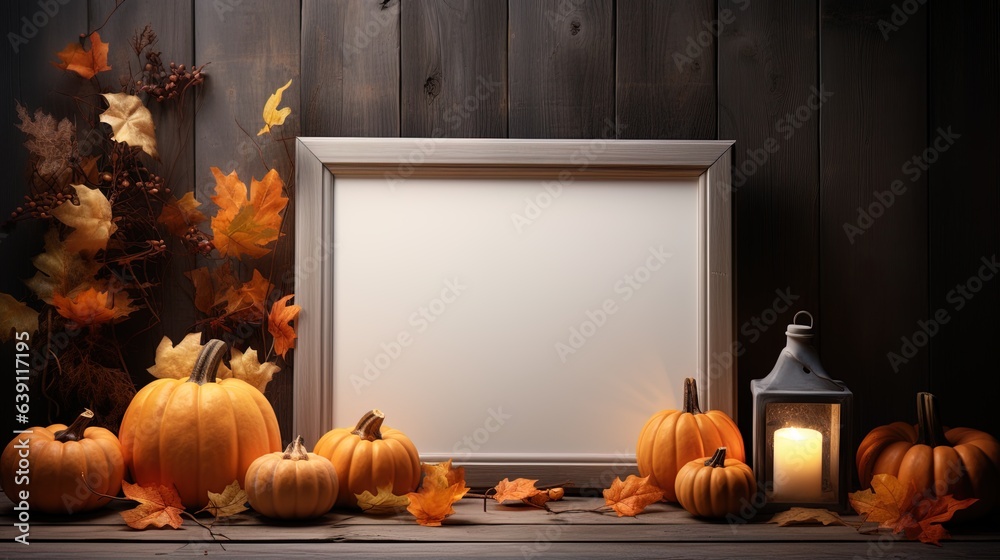 Halloween welcome signboard mockup with pumpkins, lantern and fallen leaves. wooden board with autumn holiday decoration with copy space. Generated AI.	
 - obrazy, fototapety, plakaty 