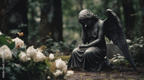 Image featuring a background with space for a caption, incorporating a portion of a melancholy angel statue situated in a cemetery. Ideal for funeral ceremony themes.

Generative AI