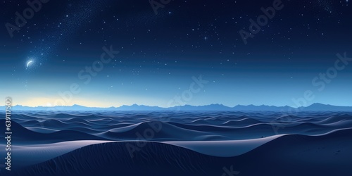 Nighttime desert landscape with starry sky. Rolling sand dunes with space horizon. Abstract atmospheric cloudscape.