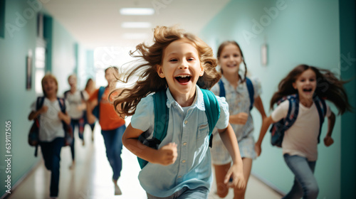 Joyful diverse school children sprinting down the hallway at school. Back to school concept with a modern background.Generative AI