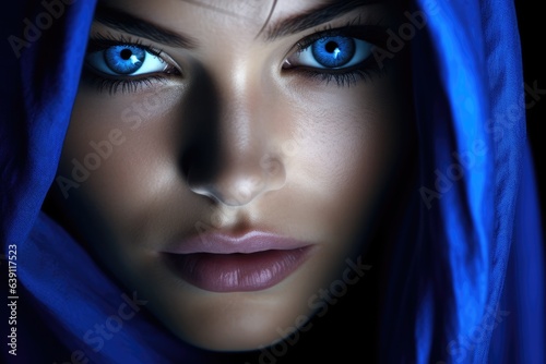 Beautiful woman with blue eyes and headscarf. Portrait of Mother Mary. Stunning religious girl in hijab.