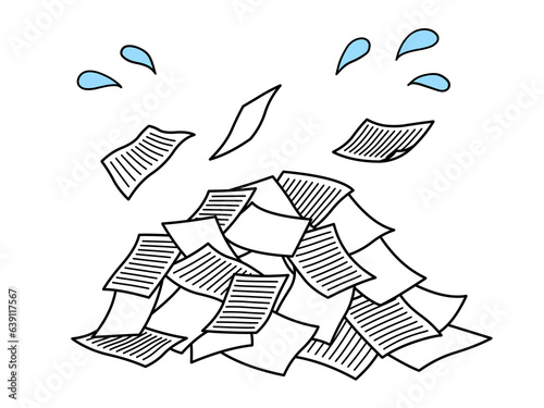 ヒラヒラと舞う紙と罫線が書かれた書類が乱雑に積まれた山と汗のイラスト