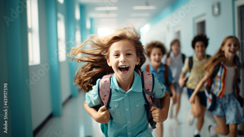 Joyful diverse school children sprinting down the hallway at school. Back to school concept with a modern background.

Generative AI photo